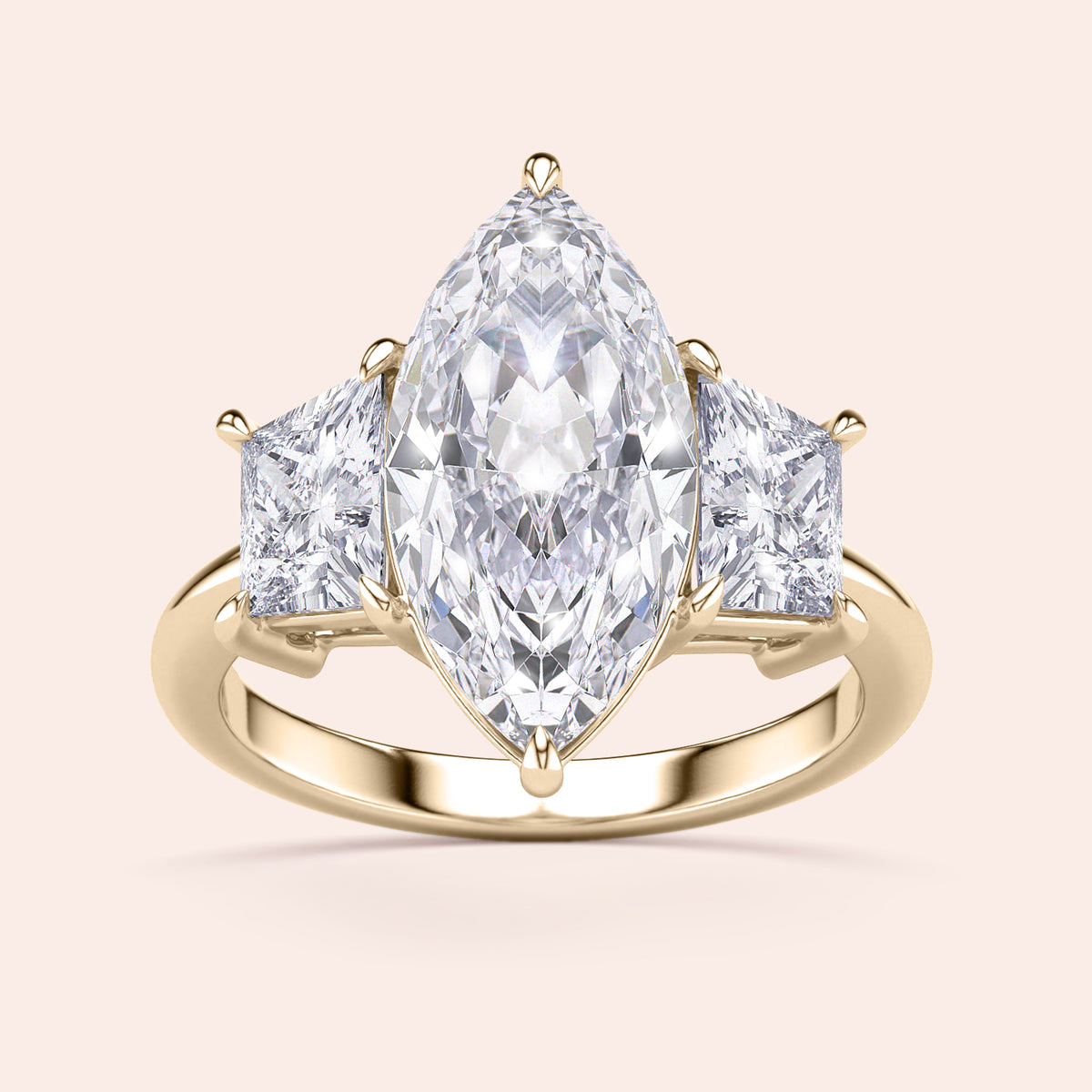 Elegant 14K/18K gold engagement ring featuring a marquise-cut jade centerpiece and two trillion-cut diamonds, perfect for special moments.