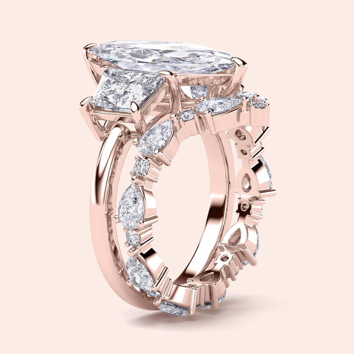 Elegant emerald-cut diamond engagement ring in 14K rose gold, worn on model, featuring a stunning pave band for a timeless look.