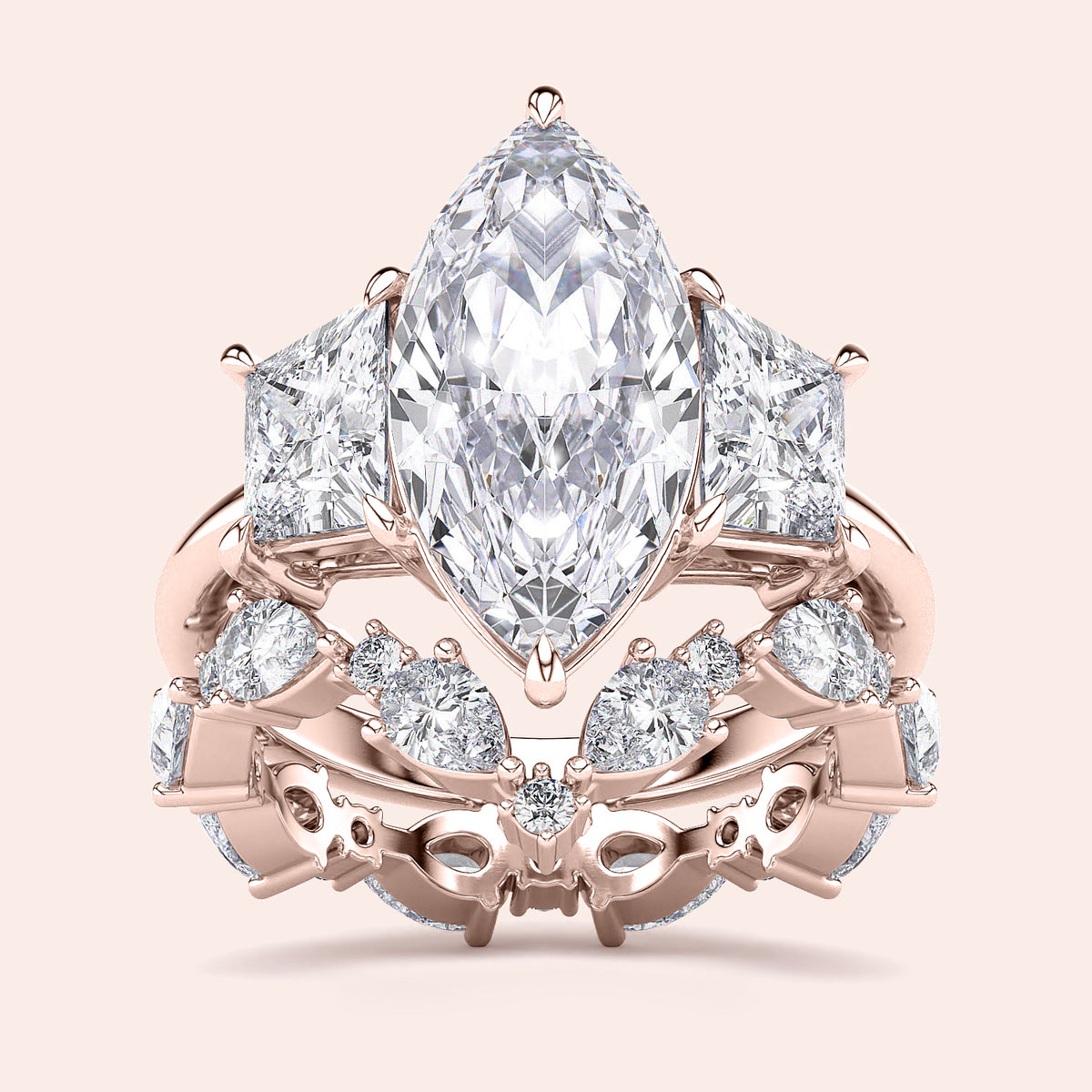 Elegant emerald-cut diamond engagement ring in 14K rose gold, worn on model, featuring a stunning pave band for a timeless look.