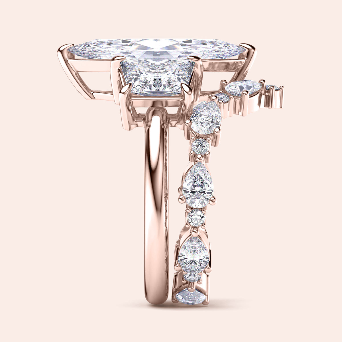 Elegant emerald-cut diamond engagement ring in 14K rose gold, worn on model, featuring a stunning pave band for a timeless look.