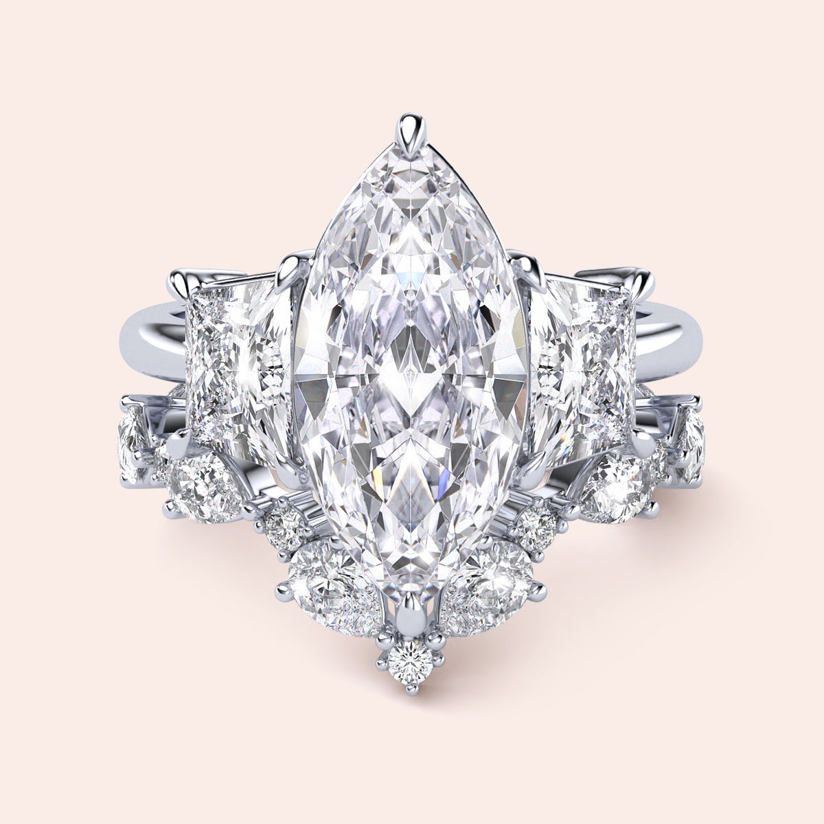 Elegant 14K or 18K gold or platinum engagement ring with a square diamond shape, worn on a model's hand, featuring accent diamonds.