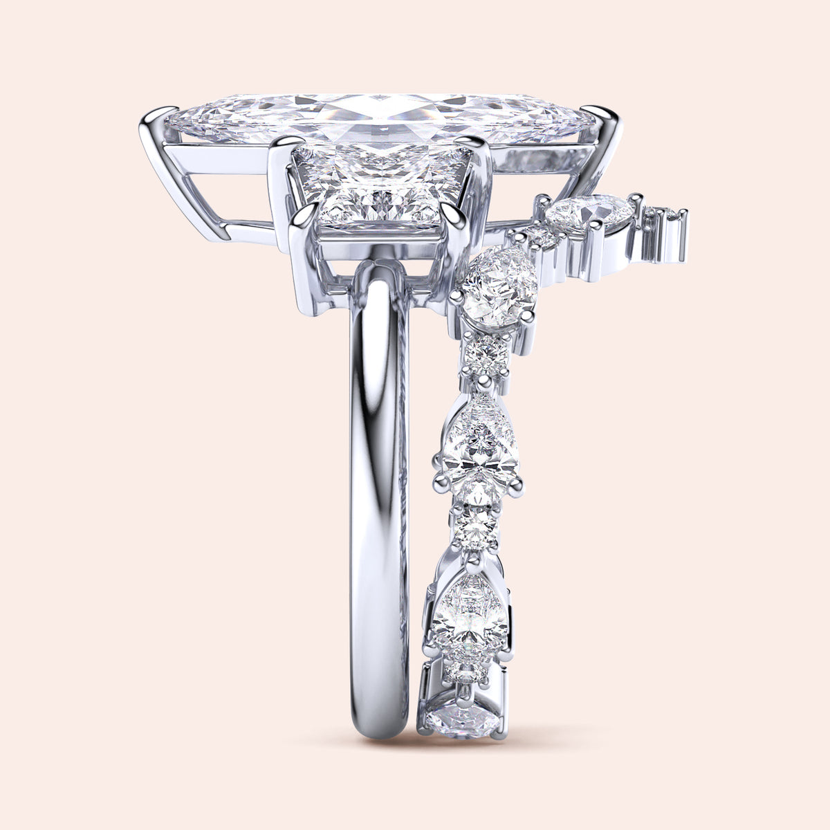 Elegant 14K or 18K gold or platinum engagement ring with a square diamond shape, worn on a model's hand, featuring accent diamonds.