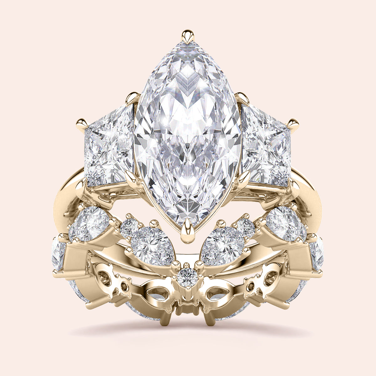 Radiant cut diamond engagement ring in 14K yellow gold with split-shank design and round diamond accents for a stunning look.