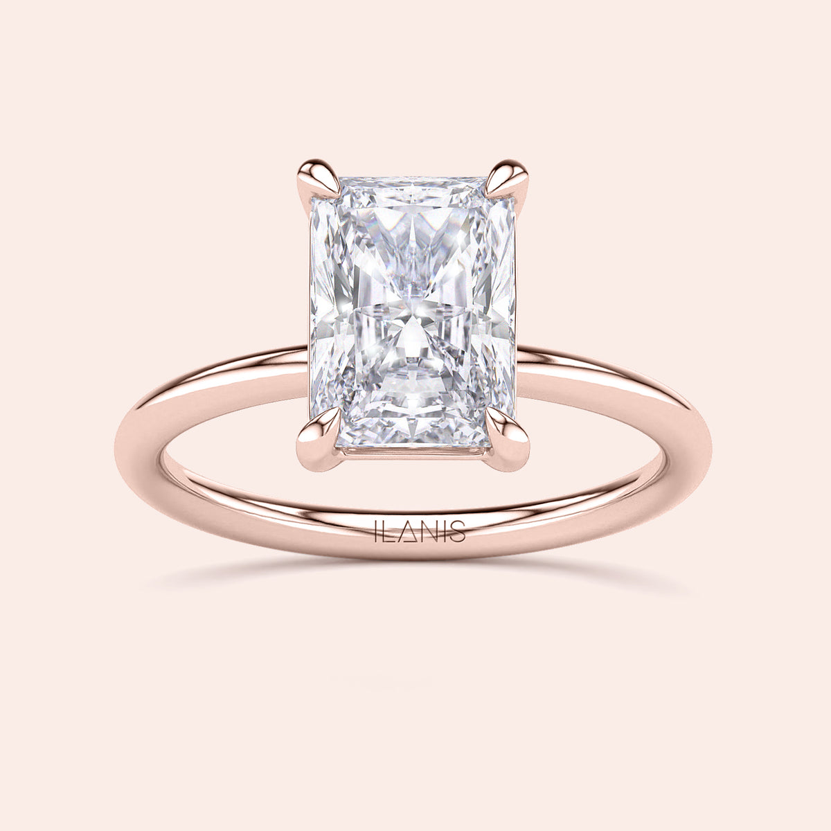 Radiant-cut diamond engagement ring in 14K rose gold, featuring exquisite classic solitaire design, perfect for timeless elegance.