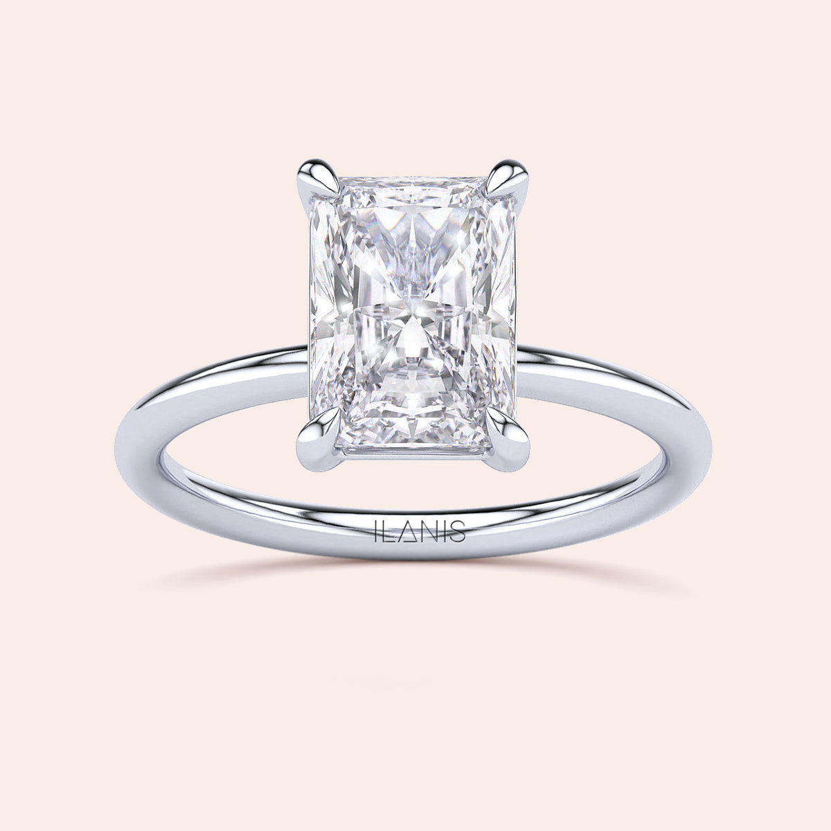 Radiant diamond-shaped engagement ring in 14K or 18K gold or platinum, showcased on a neutral background.