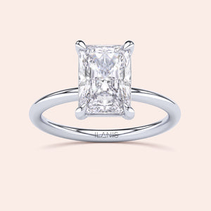Radiant diamond-shaped engagement ring in 14K or 18K gold or platinum, showcased on a neutral background.