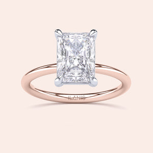 Two-tone 14K/18K gold radiant-cut diamond engagement ring in white and rose gold, elegant and timeless design. 