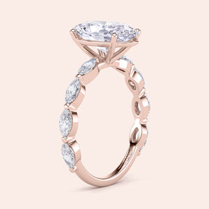 Elegant rose gold engagement ring in 14K/18K or platinum, showcasing a large marquise-cut diamond and an eternity band of marquise diamonds.