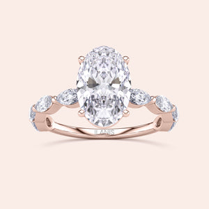 14K Rose Gold Oval Diamond Engagement Ring with Side Stones, not worn on model, exquisite design for timeless elegance.