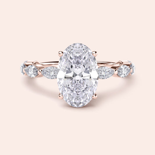 Elegant 14K rose gold engagement ring with oval-cut diamond center, flanked by sparkling side diamonds. Perfect for your love.