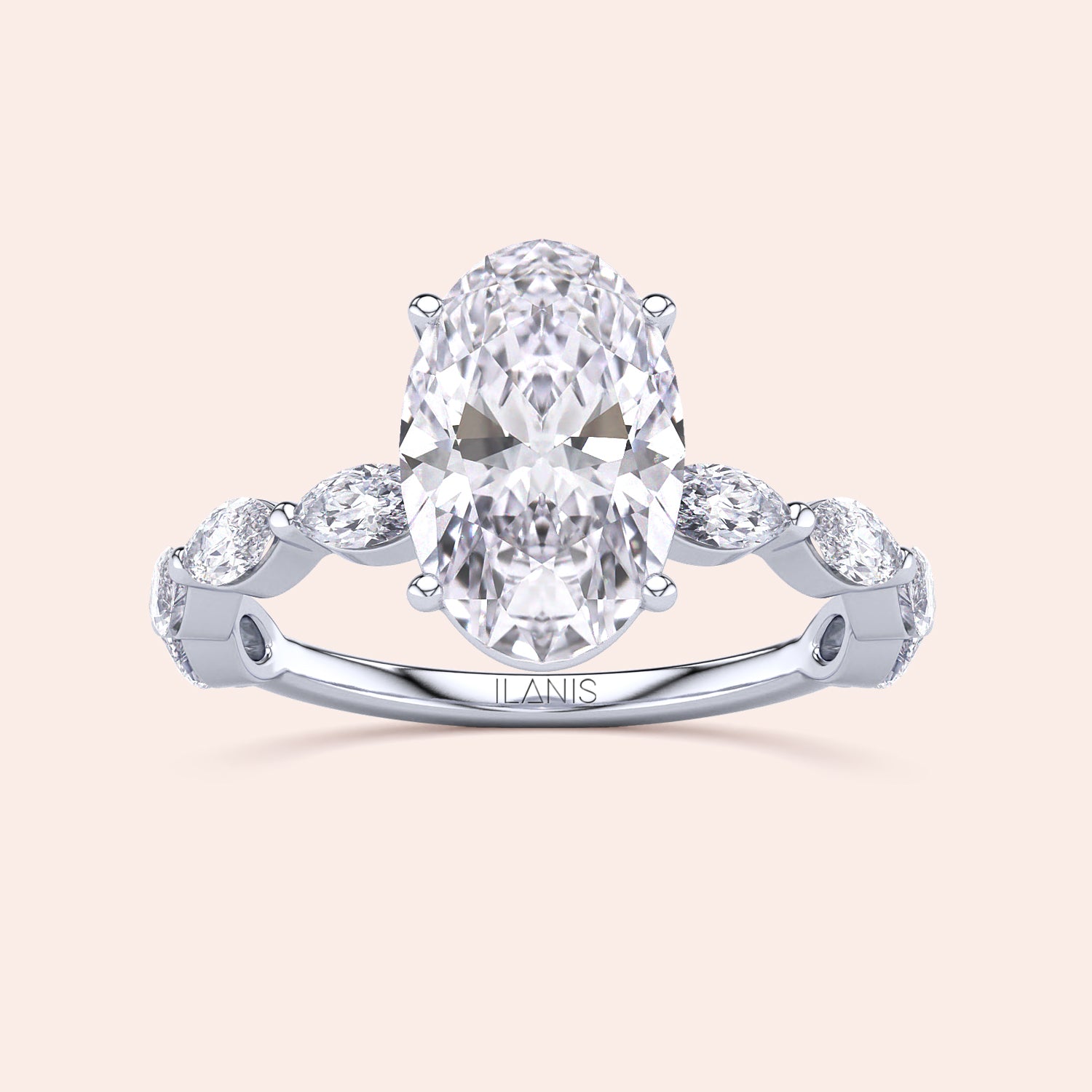 Elegant 14K white gold engagement ring featuring an oval diamond and round diamonds on the band for timeless sophistication.|

#14KRecycledWhiteGold
#18KRecycledWhiteGold








#Platinum
