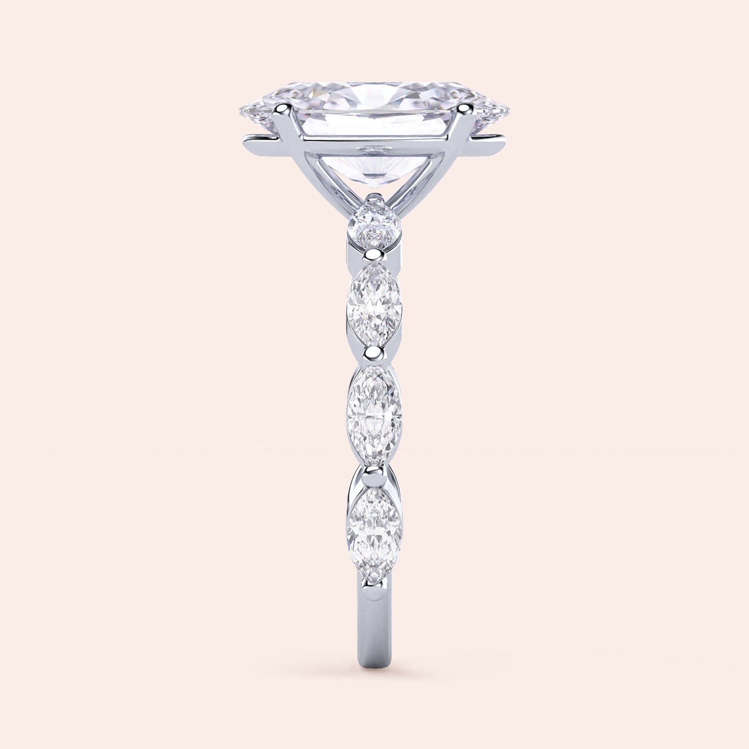 Side profile of a 14K gold engagement ring with a marquise-cut diamond and diamond accents, elegantly designed for timeless beauty.|

#14KRecycledWhiteGold
#18KRecycledWhiteGold








#Platinum