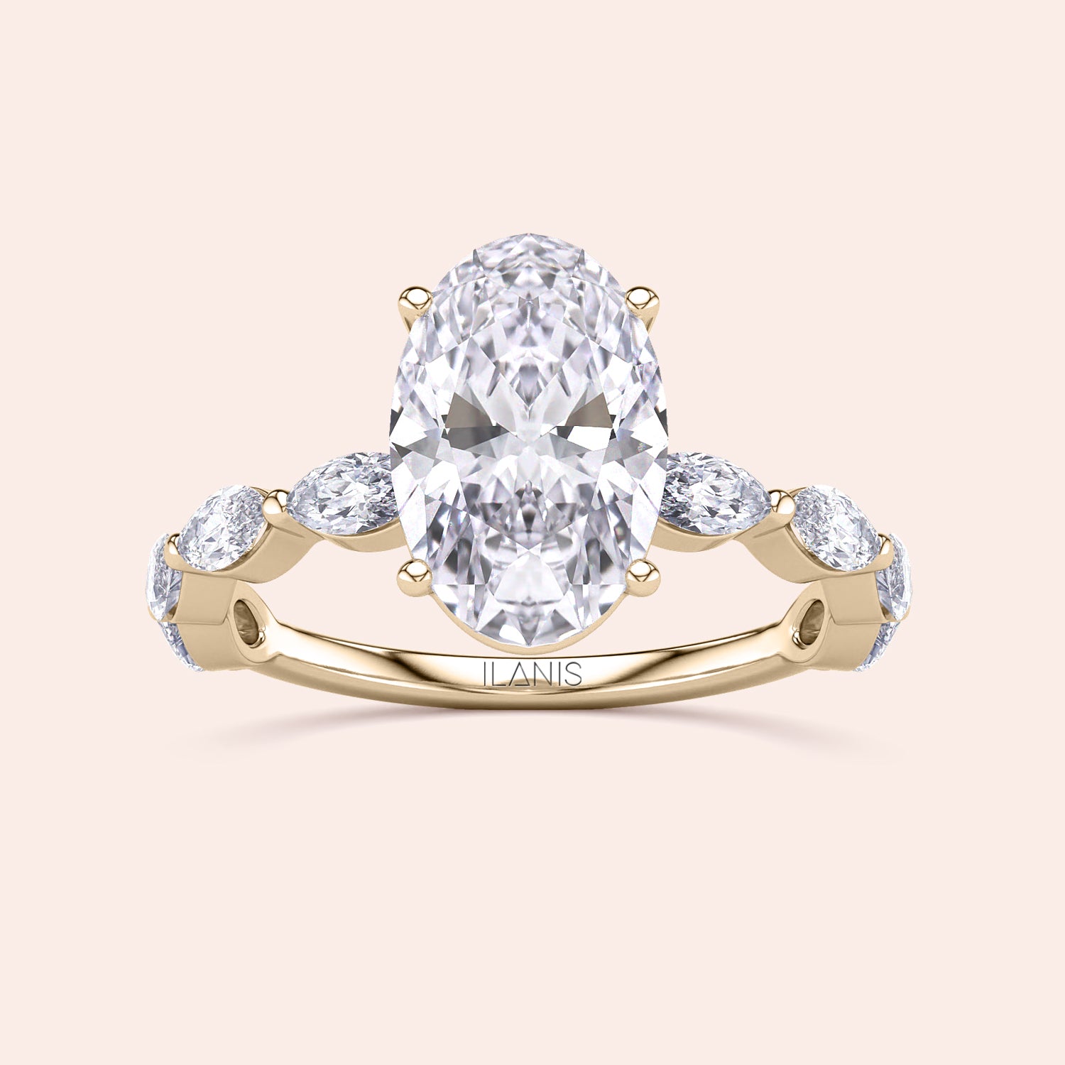 Elegant 14K yellow gold engagement ring with an oval diamond centerpiece and round accent diamonds, perfect for special occasions.|




#14KRecycledYellowGold
#18KRecycledYellowGold





