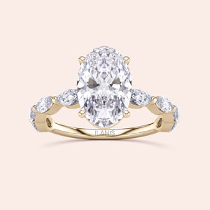 Elegant 14K yellow gold engagement ring with an oval diamond centerpiece and round accent diamonds, perfect for special occasions.