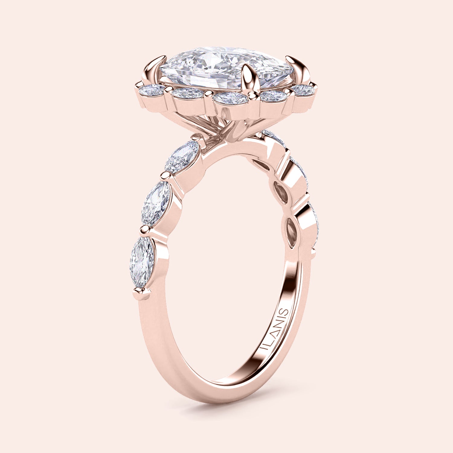 Elegant 14K rose gold engagement ring featuring a brilliant oval diamond center and marquise side diamonds, modern and luxurious design.|







#14KRecycledRoseGold
#18KRecycledRoseGold


