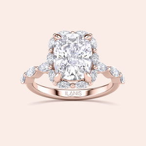 Elegant rose gold cushion-cut diamond engagement ring with halo, available in 14K, 18K, or platinum. Perfectly radiant design.
