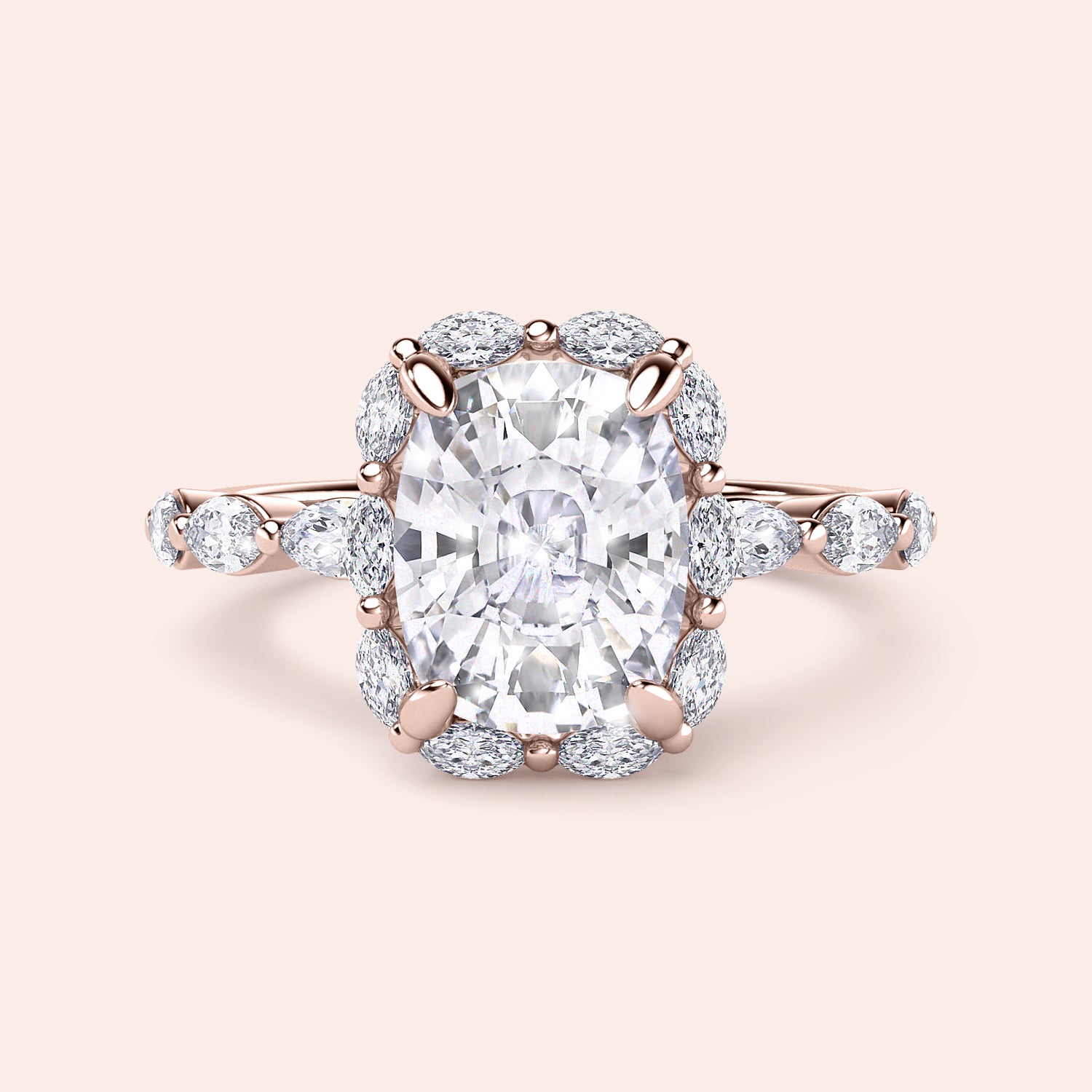 Exquisite rose gold engagement ring featuring a cushion-cut diamond with a halo of marquise diamonds in 14K or 18K.|







#14KRecycledRoseGold
#18KRecycledRoseGold


