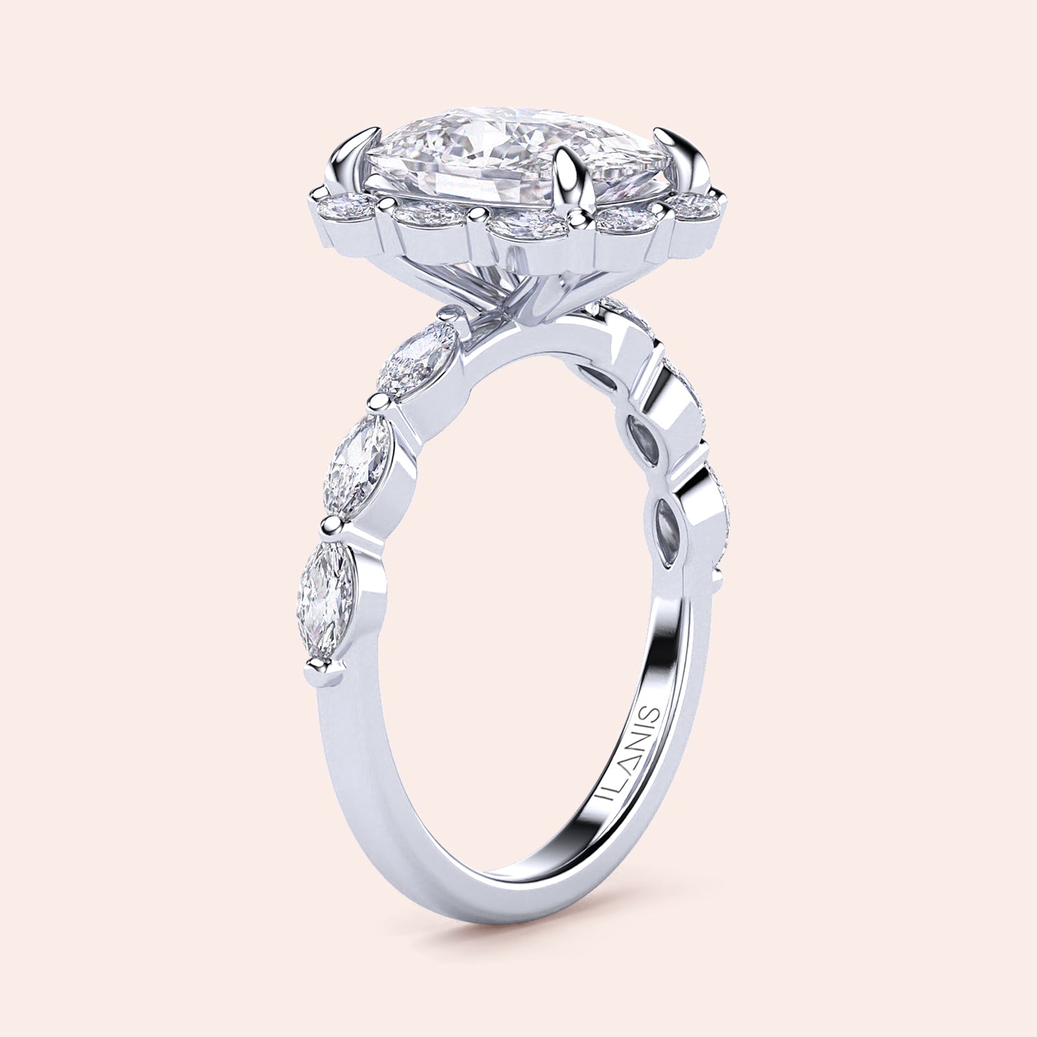 Exquisite 14K and 18K white gold engagement ring with marquise-cut halo and side stones, perfect for memorable proposals.|

#14KRecycledWhiteGold
#18KRecycledWhiteGold








#Platinum