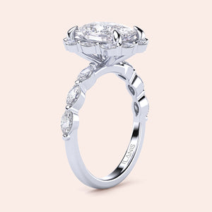 Exquisite 14K and 18K white gold engagement ring with marquise-cut halo and side stones, perfect for memorable proposals.