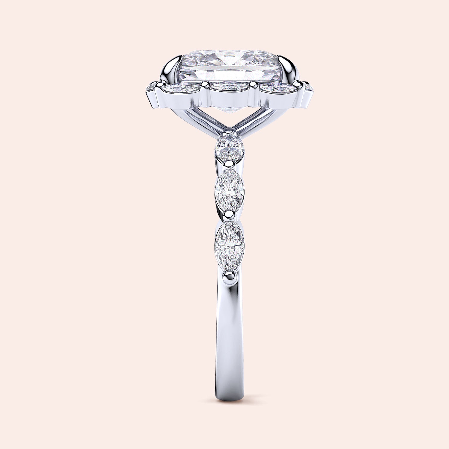 Elegant 14K white gold women's engagement ring with radiant cut diamond and marquise side stones, perfect for timeless romance.|

#14KRecycledWhiteGold
#18KRecycledWhiteGold








#Platinum
