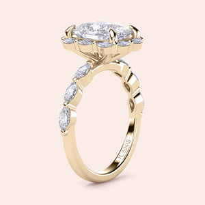 Elegant 14K or 18K gold engagement ring featuring a stunning marquise-cut diamond with accent diamonds in a unique halo setting.