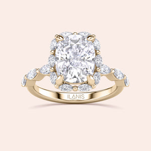 Elegant 14K/18K Yellow Gold Cushion Cut Diamond Engagement Ring with Halo, showcasing exquisite craftsmanship and timeless design.