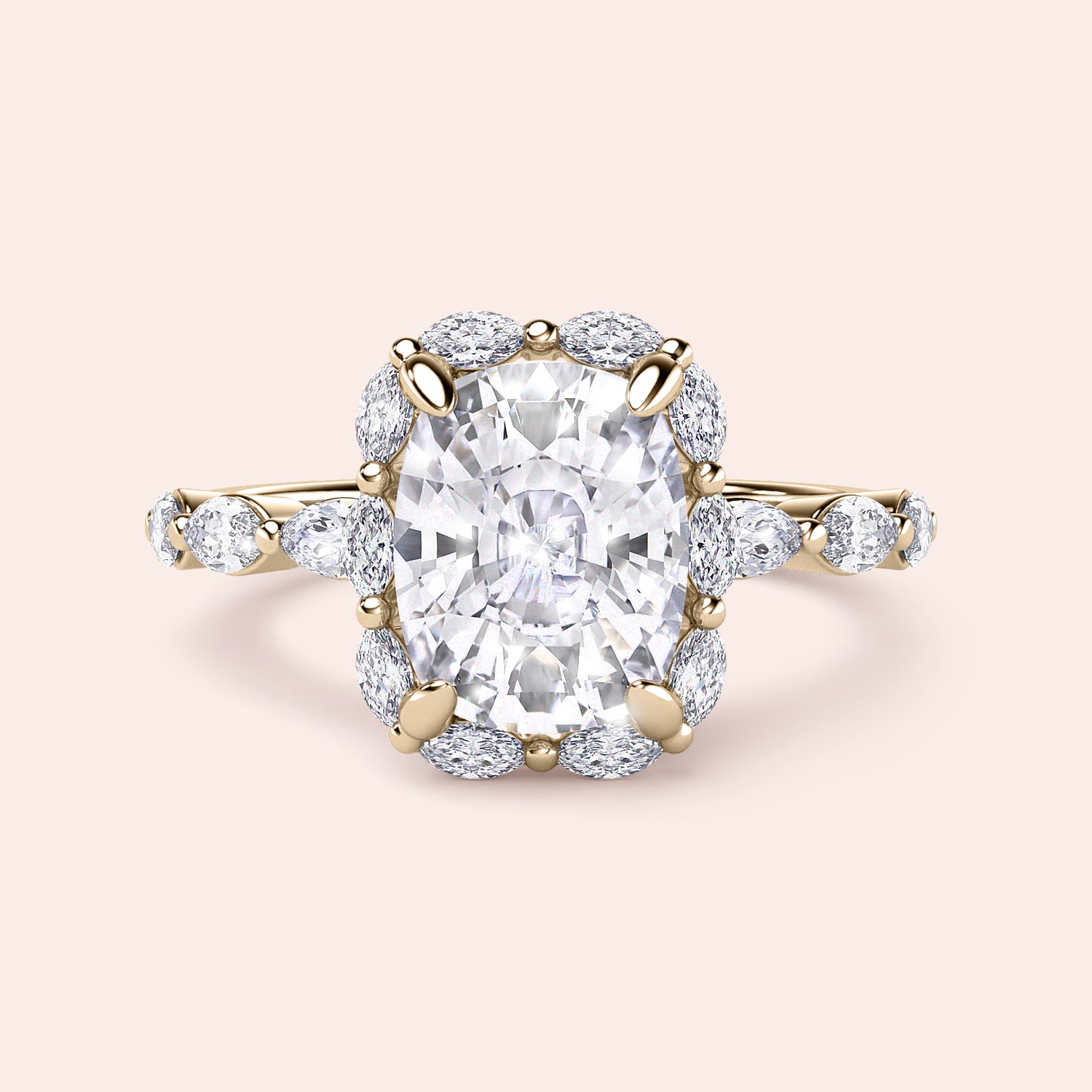 Elegant 14K or 18K gold engagement ring featuring an oval diamond surrounded by marquise and round cut diamonds.|




#14KRecycledYellowGold
#18KRecycledYellowGold





