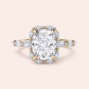 Elegant 14K or 18K gold engagement ring featuring an oval diamond surrounded by marquise and round cut diamonds.