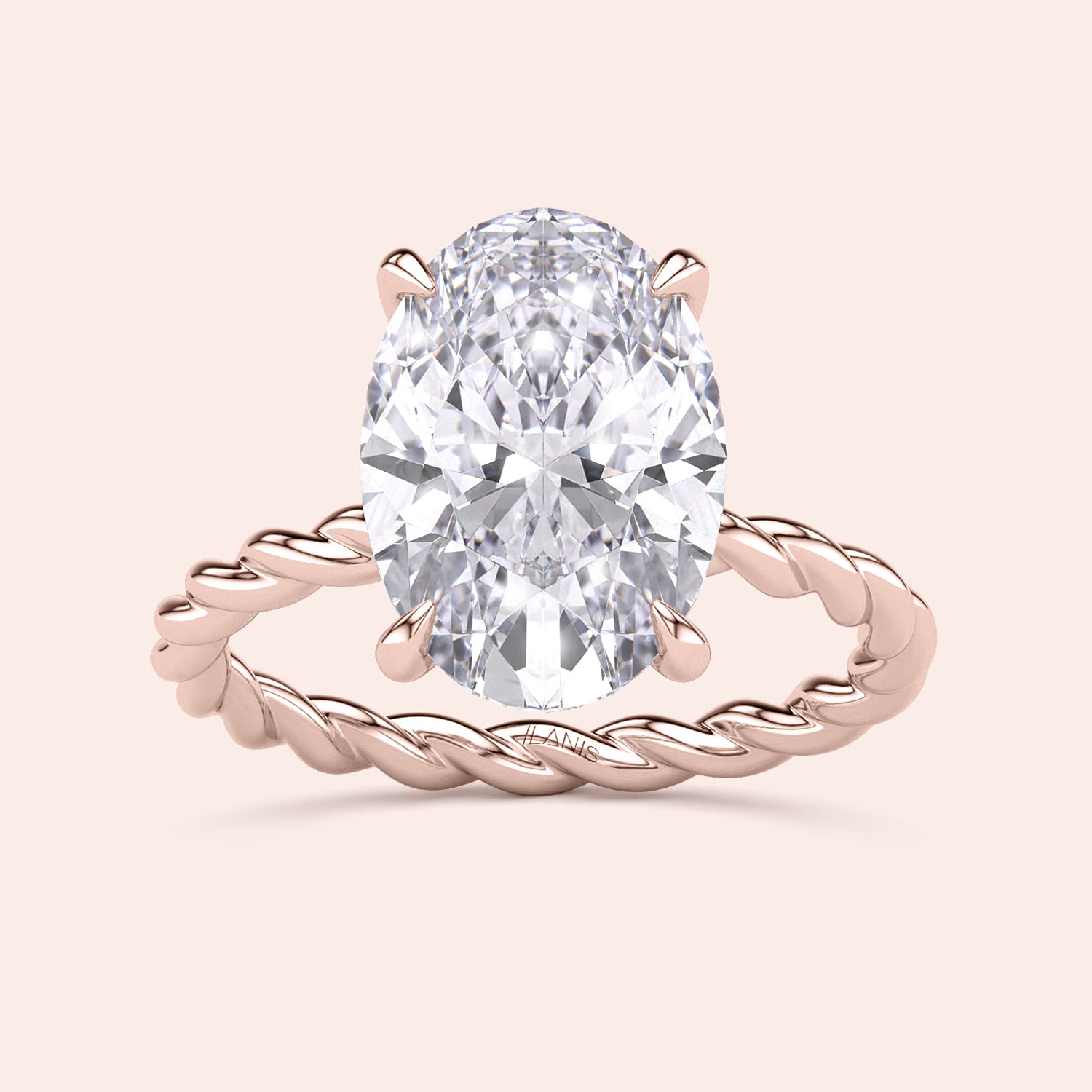 Rose gold twisted band engagement ring featuring an oval-shaped diamond, available in 14K, 18K, or platinum metal types.|







#14KRecycledRoseGold
#18KRecycledRoseGold


