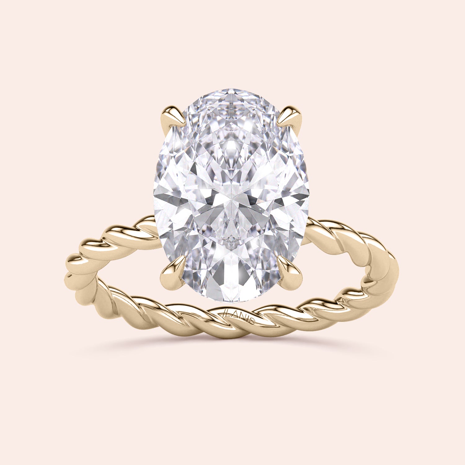 Gold twisted band ring featuring an oval-shaped diamond, available in 14K, 18K, or platinum, shown unworn.|




#14KRecycledYellowGold
#18KRecycledYellowGold





