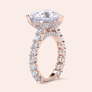Elegant rose gold heart-hidden halo diamond engagement ring with pave accents, available in 14K, 18K gold, or platinum.