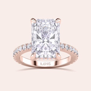 Radiant-cut diamond engagement ring in 14K rose gold with a fullPave band, showcasing elegance and timeless beauty.