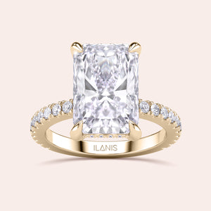 Radiant diamond engagement ring in 14K or 18K yellow gold, featuring a stunning center stone andPave diamond band, shown on model.