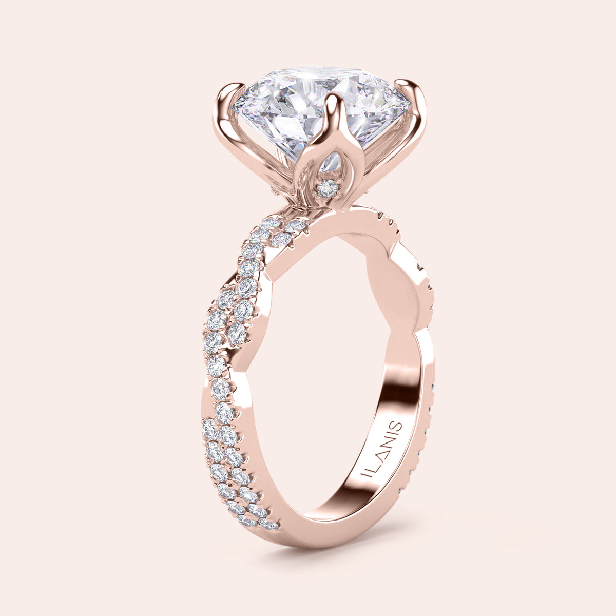 Radiant cut diamond engagement ring in 14K rose gold with pave band, perfect for timeless elegance and sparkle.