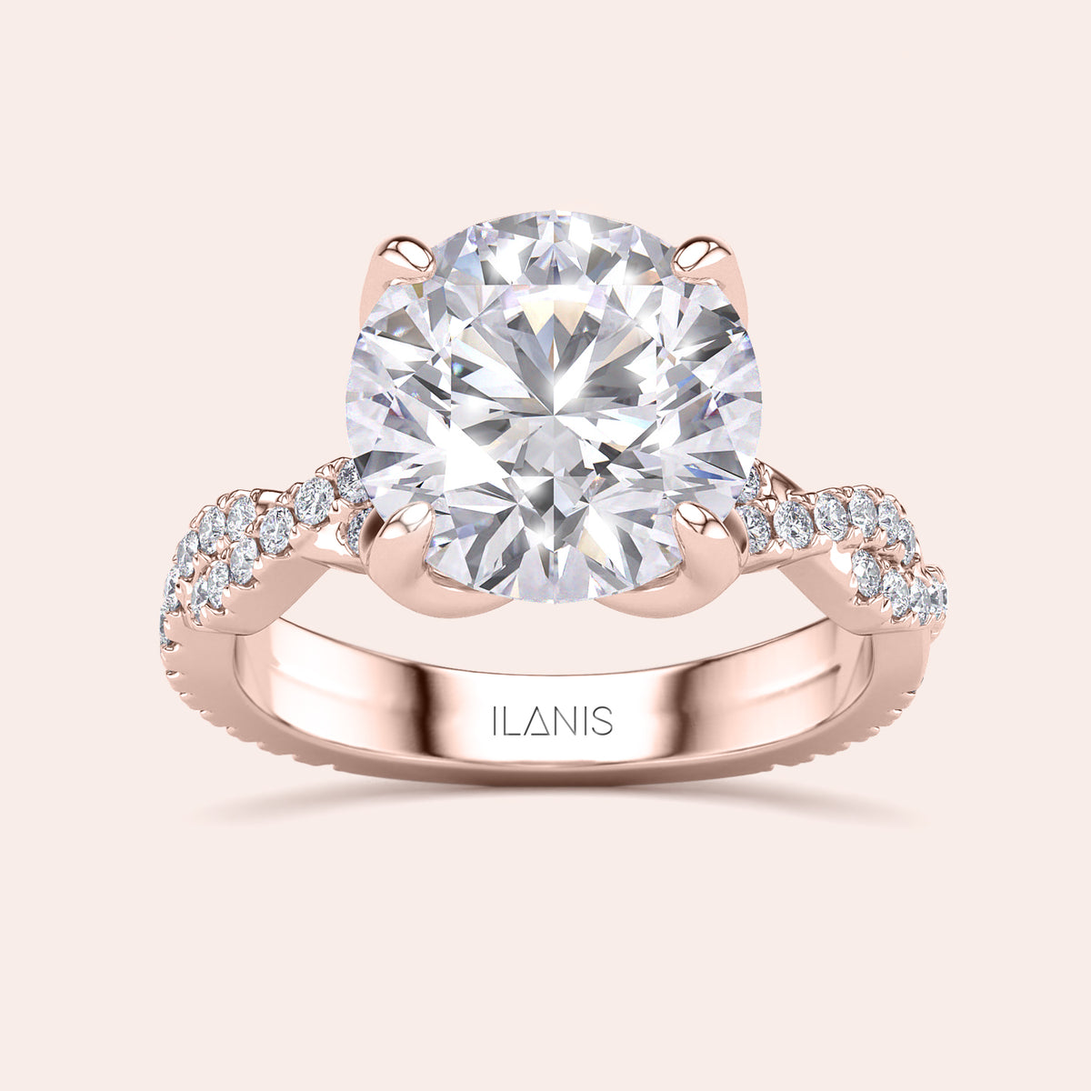 Radiant cut diamond engagement ring in 14K rose gold with pave band, perfect for timeless elegance and sparkle.