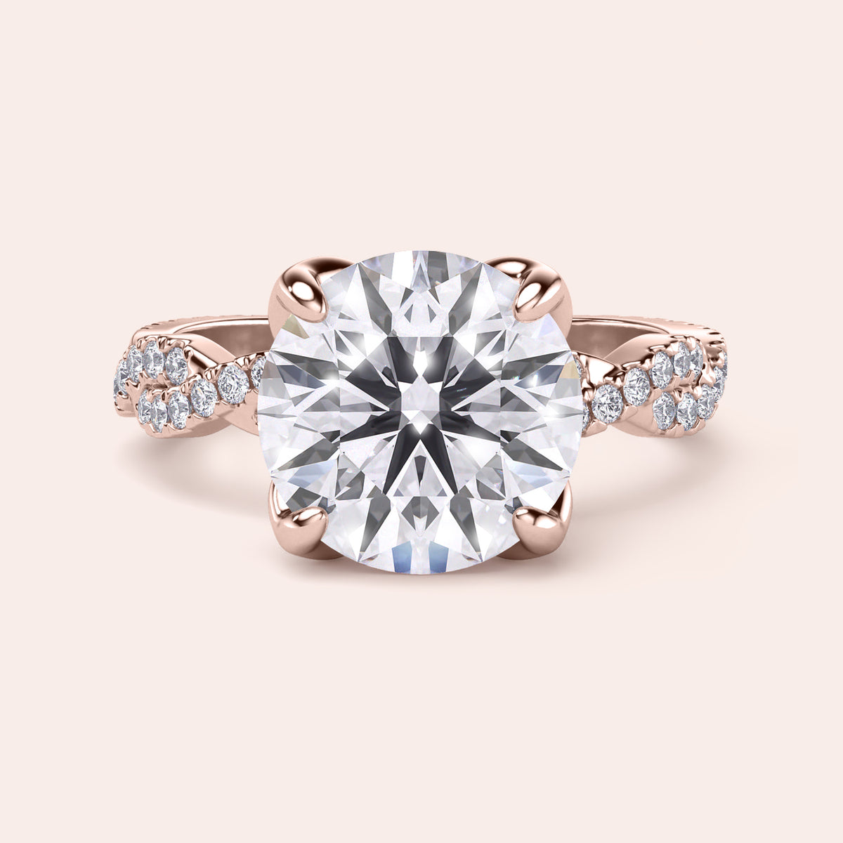Radiant cut diamond engagement ring in 14K rose gold with pave band, perfect for timeless elegance and sparkle.