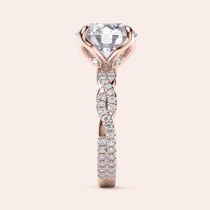 Radiant cut diamond engagement ring in 14K rose gold with pave band, perfect for timeless elegance and sparkle.