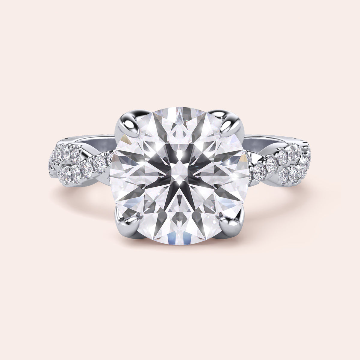 Radiant cut diamond engagement ring in 14K or 18K white gold or platinum with Pave diamond band, front view.