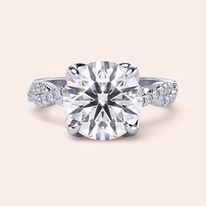 Radiant cut diamond engagement ring in 14K or 18K white gold or platinum with Pave diamond band, front view.