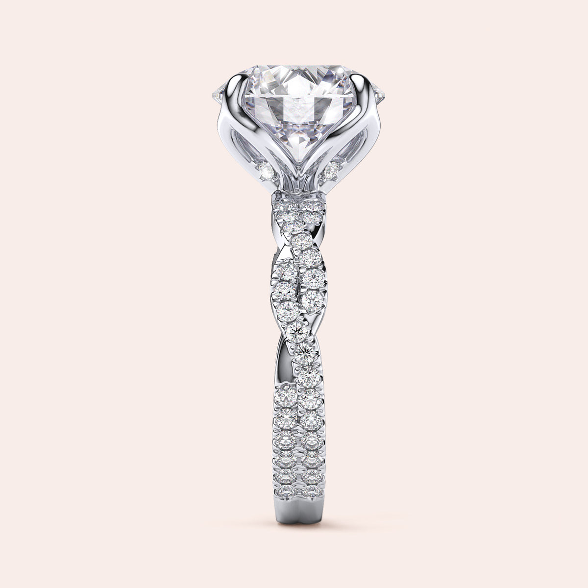 Radiant cut diamond engagement ring in 14K or 18K white gold or platinum with Pave diamond band, front view.
