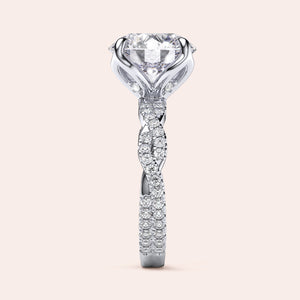 Radiant cut diamond engagement ring in 14K or 18K white gold or platinum with Pave diamond band, front view.