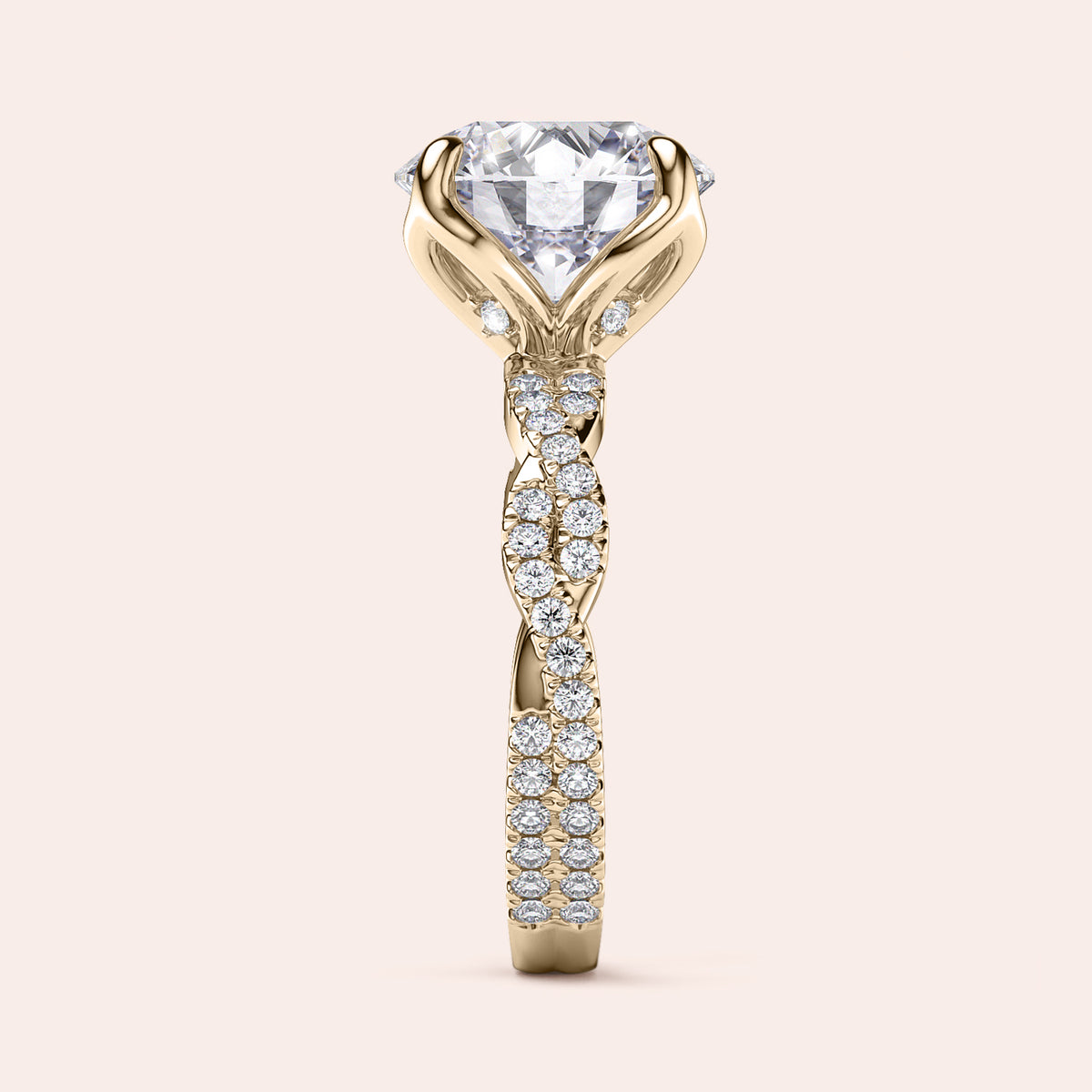 Radiant-cut diamond engagement ring with side stone accents in 14K yellow gold, displayed on a neutral background.