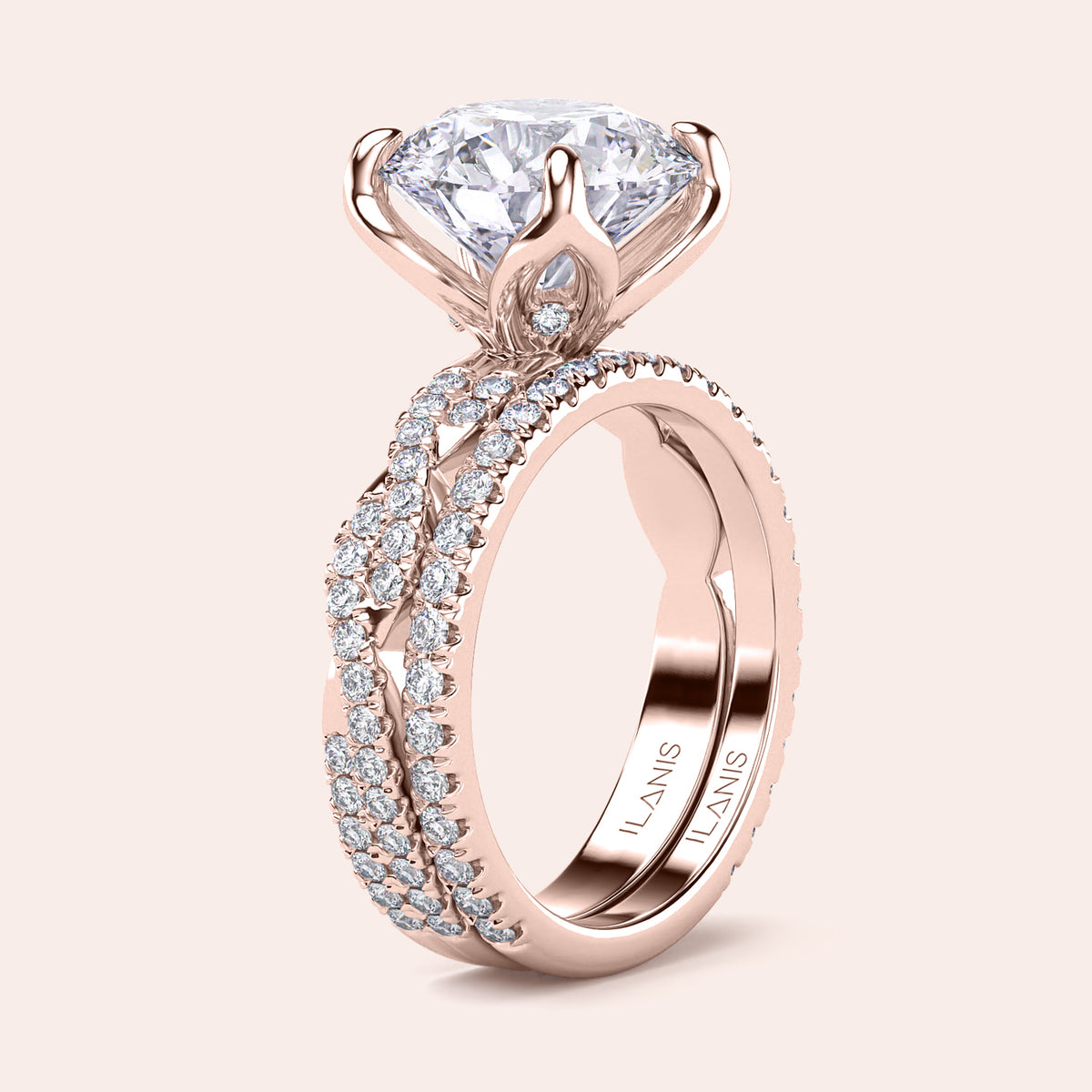 Rose gold teardrop halo engagement ring set featuring pear-shaped diamond, with options in 14K, 18K, or platinum settings.