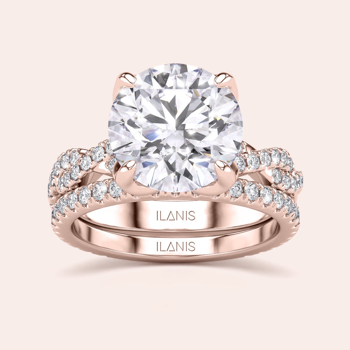 Rose gold teardrop halo engagement ring set featuring pear-shaped diamond, with options in 14K, 18K, or platinum settings.