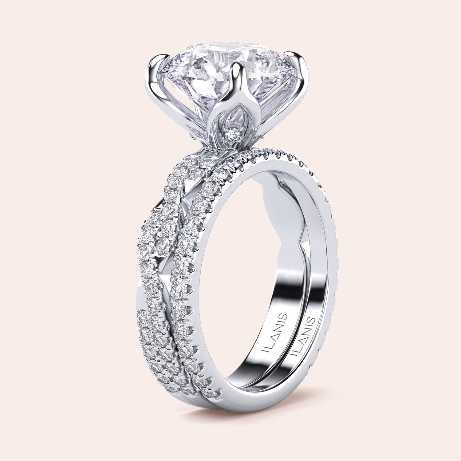 Radiant cut diamond engagement ring in 14K or 18K white gold or platinum with Pave diamond band, front view.|

#14KRecycledWhiteGold
#18KRecycledWhiteGold








#Platinum