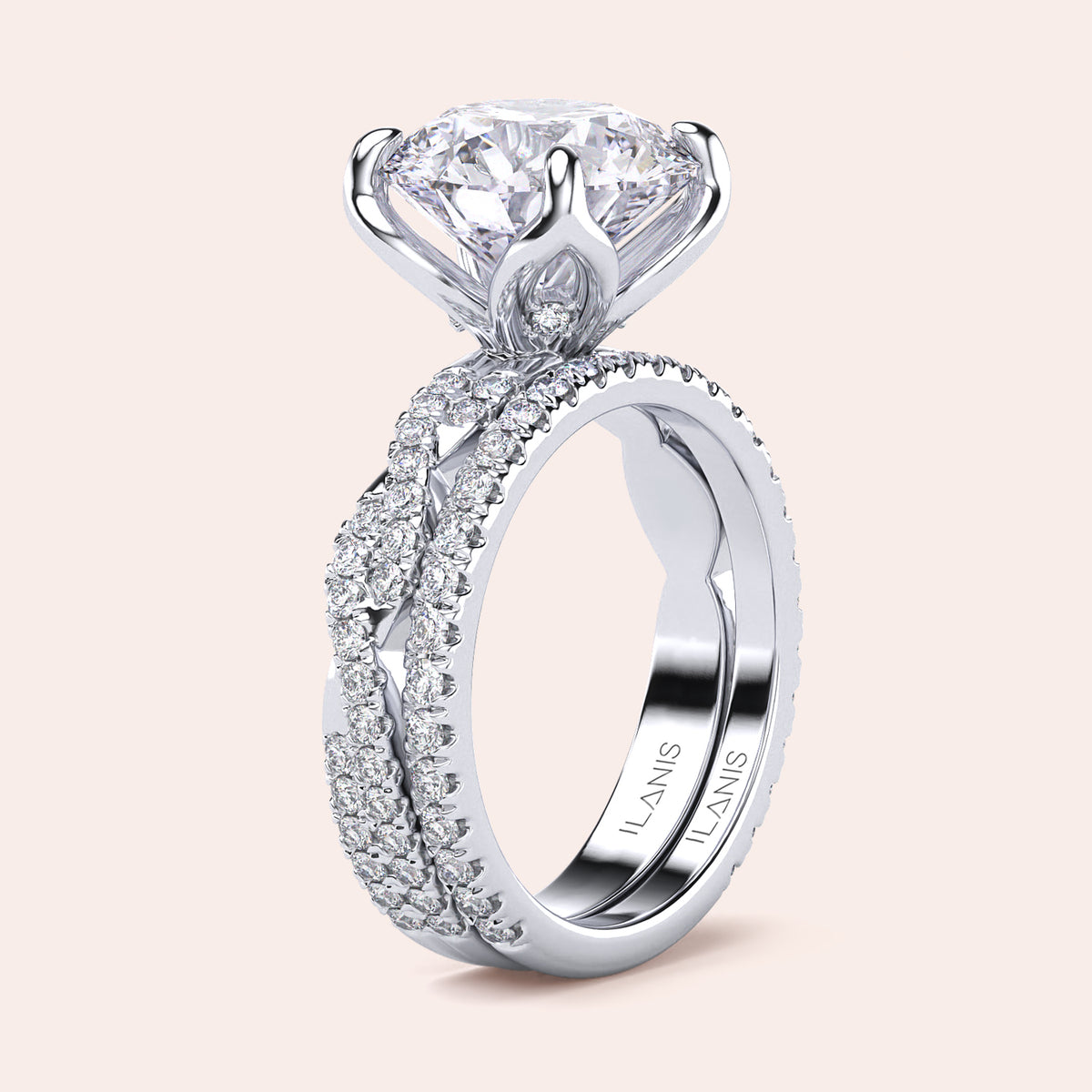 Radiant cut diamond engagement ring in 14K or 18K white gold or platinum with Pave diamond band, front view.