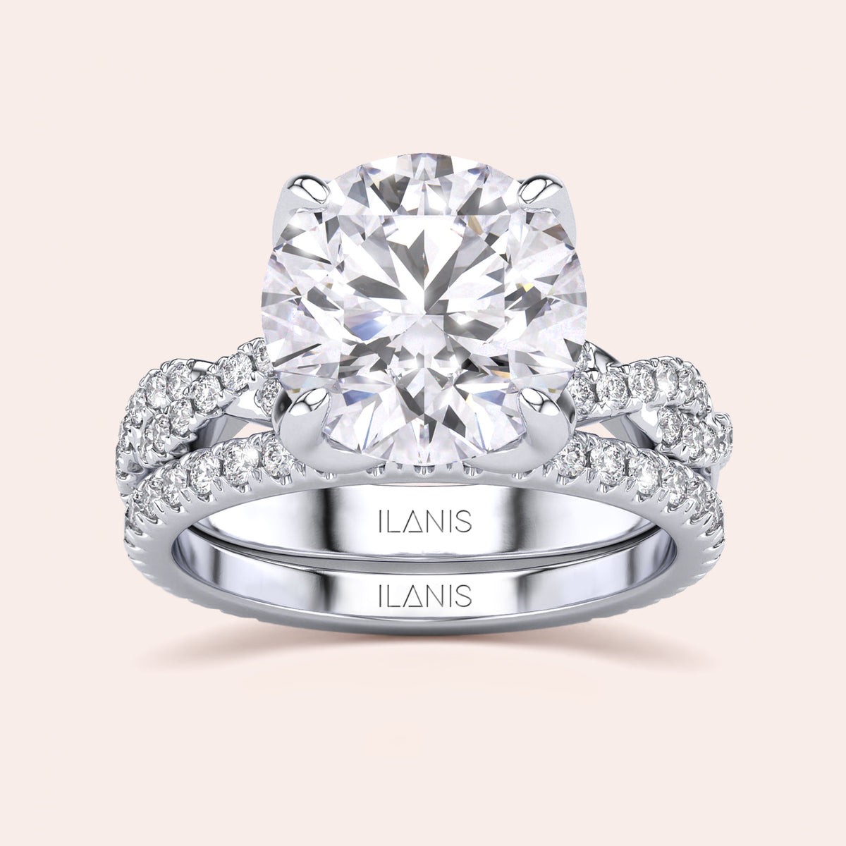 Radiant cut diamond engagement ring in 14K or 18K white gold or platinum with Pave diamond band, front view.