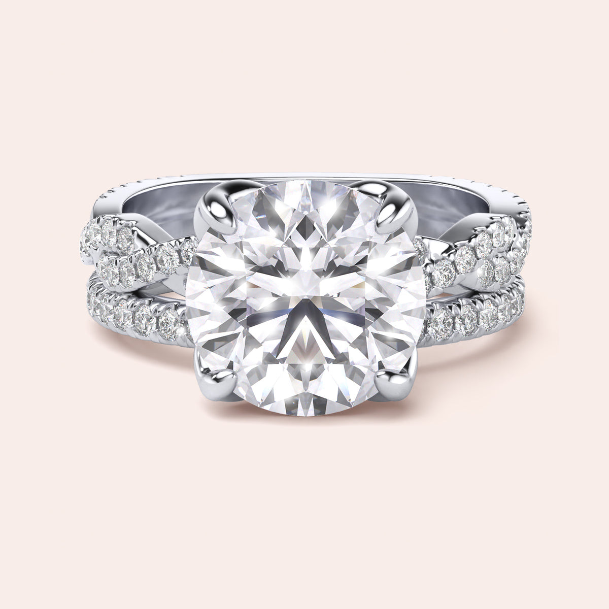 Radiant cut diamond engagement ring in 14K or 18K white gold or platinum with Pave diamond band, front view.