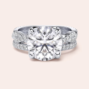 Radiant cut diamond engagement ring in 14K or 18K white gold or platinum with Pave diamond band, front view.