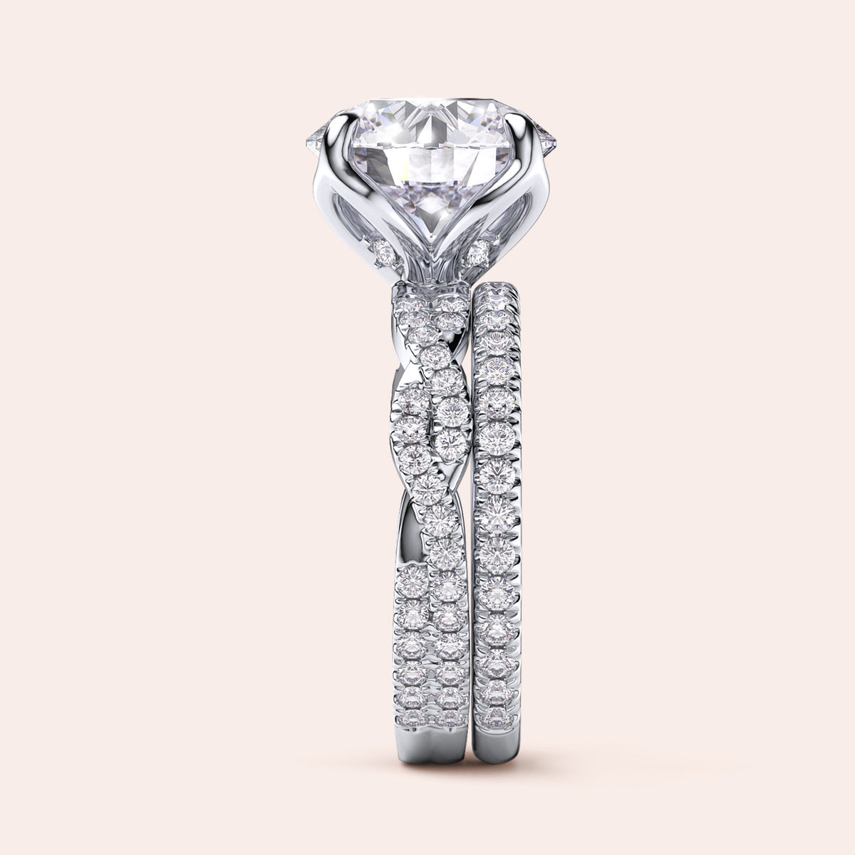 Radiant cut diamond engagement ring in 14K or 18K white gold or platinum with Pave diamond band, front view.